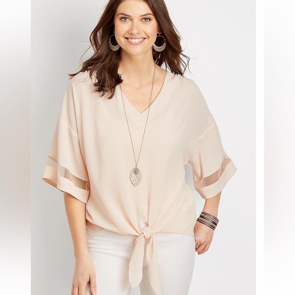 Tie Front Blouse with Mesh Stripe Sleeves